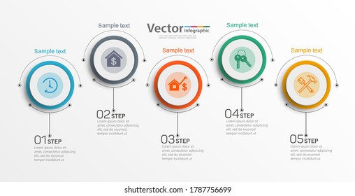 La plantilla de diseño de vectores de infografía con 5 opciones, pasos o procesos, se puede utilizar para diseño de flujo de trabajo, diagrama, informe anual, diseño web.