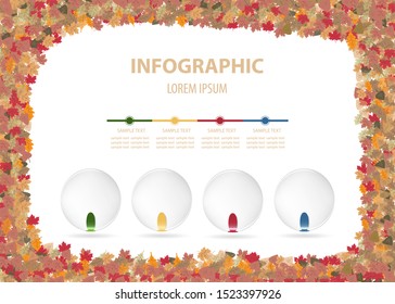 Infographics vector with four blank glass balls with vertical metal labels  ready for your text.  Edges of the vector forms colorful autumn leaves on the white background. 