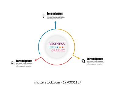 Infographics vector illustration circular template 3 steps. Thin line elements infographic design with arrows presents three options. Can use timeline for workflow diagram, annual report, web design.