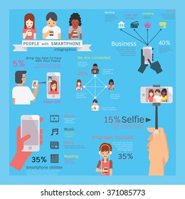 Infographics vector illustration of smartphone utilities, people character, multi-ethnic, simple and flat design style. 