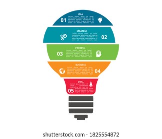 Infographics vector light bulb. Template for growth chart, graph, presentation, chart. Business startup lamp concept with 5 options, parts, steps, processes.