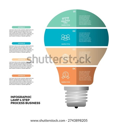 Infographics vector light bulb. Template for growth chart, graph, presentation, chart. Business startup lamp concept with 4 options, parts, steps, processes, vector editable 