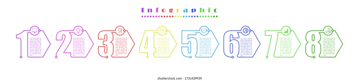 Infografía. Plantilla de material vectorial de ocho etapas. Para el diseño de páginas web, gráficos, planes de negocio y finanzas, informes y ayuda visual. Diseño plano.