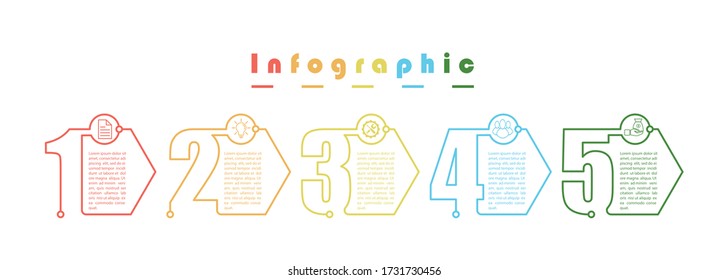 Infografía. Plantilla de material vectorial de cinco etapas. Para el diseño de páginas web, gráficos, planes de negocio y finanzas, informes y ayuda visual. Diseño plano.