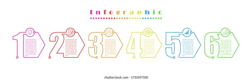 Infografía. Plantilla de material vectorial de seis etapas. Para el diseño de páginas web, gráficos, planes de negocio y finanzas, informes y ayuda visual. Diseño plano.

