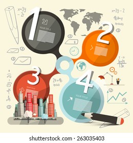 Infographics Vector Template - Layout with City, World Map and Technology Icons