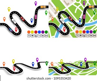 Infographics. View from above and in perspective. Set of winding roads with signs. Maps of the city. Movement of vehicles. The path is specified by the navigator. Vector illustration