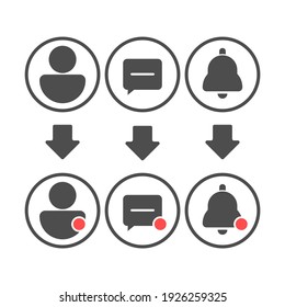 Infographics visualization of account, message and notification icons with a visual display of an unviewed notification with a red dot.