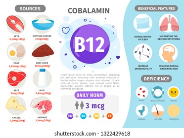 Infographics Vitamin B12. Products containing vitamin. Daily norm. Symptoms of deficiency. Vector medical poster.