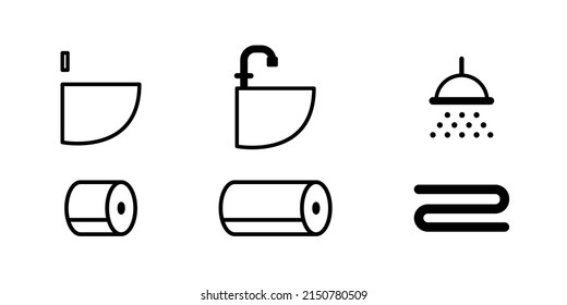 Infographics for water closet. Restroom instruction icons set. Black and white illustrations in the style of contour graphics