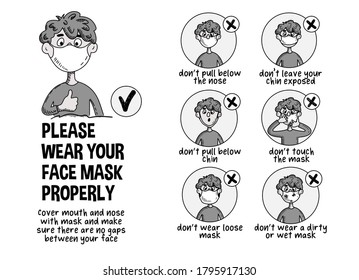 Infographics. Wear your face mask properly. Funny cartoon boy shows how to wear a mask incorrectly. Vector black and white poster during a pandemic of a coronovirus infection covid-19