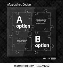 Infographics web design. Modern  glass puzzle template on black background. Numbered options. Vector illustration.
