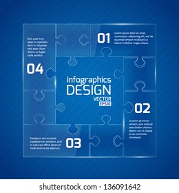 Infographics web design. Modern  glass puzzle template on blue background. Numbered options. Vector illustration