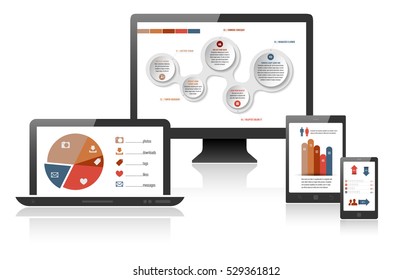 Infographics web design on different devices - notebook, computer, tablet, smartphone. Vector illustration.