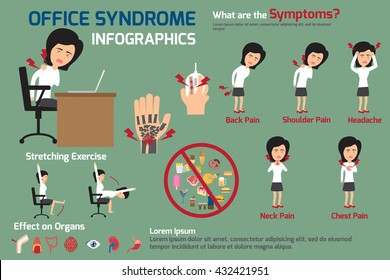 infographics of woman office syndrome symptoms and prevention. vector illustration.