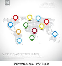 Infographics World map from dots with pointer marks, communication concept