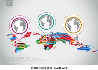 Infographics World map from dots with pointer marks, communication concept