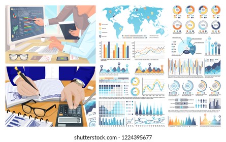 Infographics and world map, figures calculations by businessman vector. Examining and researching, brainstorming team with graphics and charts schemes