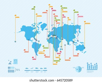 Infographics world map with location of the beaches. Hawaii, Bahamas, Spain, Greece, Goa, UAE. Designation of marine spas, places for a summer vacation. Place of a beach holiday. Vector illustration.