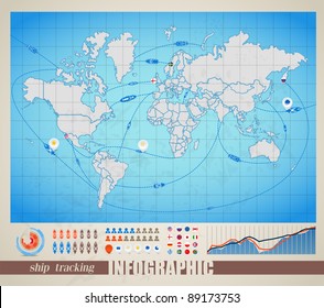 Infographics. World map with ship tracking