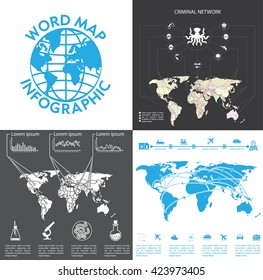 Infographics World Maps on various topics. Set of illustrated maps of the world with a variety of thematic elements. Visualization and data processing. Vector illustration.