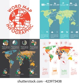 Infographics World Maps on various topics. Set of illustrated maps of the world with a variety of thematic elements. Visualization and data processing. Vector illustration.
