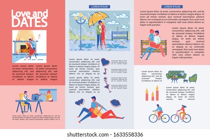 Infographics Written Love and Dates, Cartoon. Couple in Love Dancing Tango Near Burning Fireplace. Romantic Date in Rain. Guy with Girl Sitting on Bench. Man and Woman Ride Bicycles.