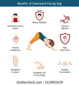 Infographics of yoga pose. Benefits of Downward Facing Dog Yoga Pose. Cartoon style illustration isolated on white background.