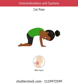 Infographics of yoga pose. Contraindications of Cat Yoga Pose. Cartoon style illustration isolated on white background.