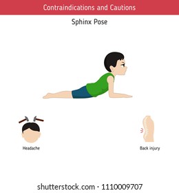 Infographics of yoga pose. Contraindications of Sphinx Yoga Pose. Cartoon style illustration isolated on white background.