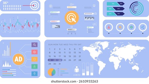 Infographic-style layout with various data visualizations, bar charts, line graphs, world map, calendar, circular progress indicators. Business report, marketing analysis, project overview, dashboard