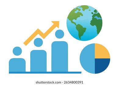 Vetor estilo infográfico mostrando um gráfico de população crescente com ícones de pessoas e um globo no fundo. Design limpo e moderno em um fundo branco, perfeito para visuais demográficos.