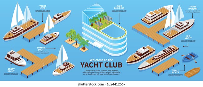 Infographis with various types of yachts boats pier and club building on blue background 3d isometric vector illustration