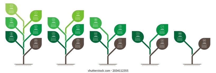 Infografías. Conjunto de gráficos o líneas de tiempo de información vertical con 2, 3, 4, 5 y 6 partes. Árboles con hojas. Desarrollo y crecimiento de tecnología verde. Presentación empresarial con cinco pasos o procesos.