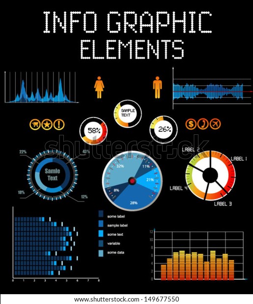 Infograpic elements car\
dashboard style - charta as tachometers, speed indicators and audio\
bands