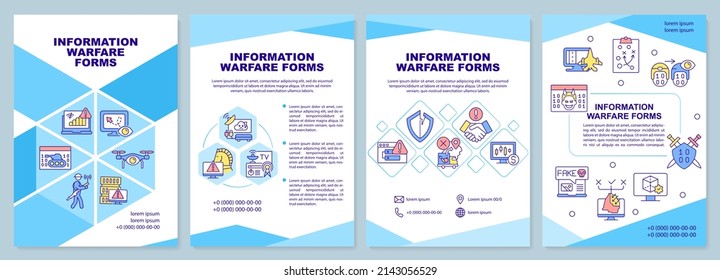 La guerra de la información forma una plantilla de folleto azul. Inteligencia adversa. Diseño del prospecto con iconos lineales. 4 diseños vectoriales para presentación, informes anuales. Arial-Black, Myriad Pro-Regular fuentes utilizadas