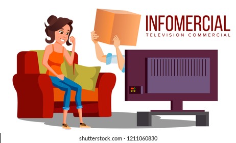 Infomercial, Shop On The Sofa, Woman Sitting On The Sofa In Front Of Tv And Delivery Hands Vector. Isolated Illustration

