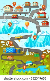 Inforgaphic poster with decorative map of mountainous town area with car roads buildings numbered location pins vector illustration