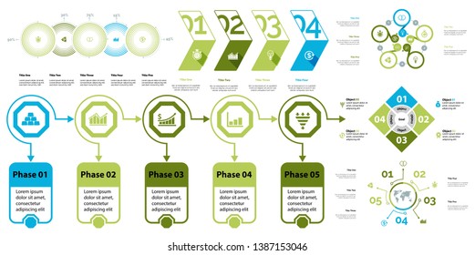 Inforgraphic diagram design set can be used for business project, for annual report, web design. Startup concept. Option chart, process chart, timeline, donut chart, bar graph, percentage diagram