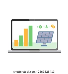 Inforgraphic with pv cell panels on laptop monitor. Solar panels оn realistic laptop. Stock Vector illustration.