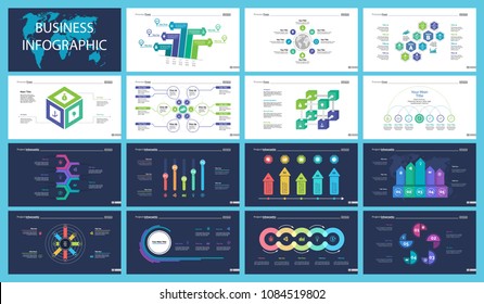 Inforgraphic slide templates for business presentation can be used for annual report, web design, workflow layout. Global business concept. Process, option charts, flowchart, bar graph, donut chart