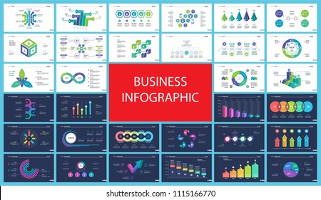 Inforgraphic slide templates for business presentation can be used for annual report, web design, workflow layout. Global business concept. Process, option charts, flowchart, bar graph, donut chart