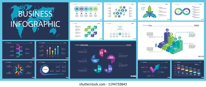 Inforgraphic slide templates for business presentation can be used for annual report, web design, workflow layout. Global business concept. Process, option charts, flowchart, bar graph, donut chart