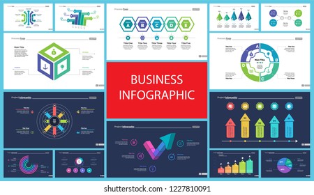 Inforgraphic slide templates for business presentation can be used for annual report, web design, workflow layout. Global business concept. Process, option charts, flowchart, bar graph, donut chart