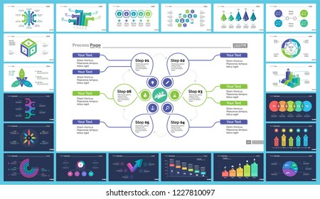 Inforgraphic slide templates for business presentation can be used for annual report, web design, workflow layout. Global business concept. Process, option charts, flowchart, bar graph, donut chart
