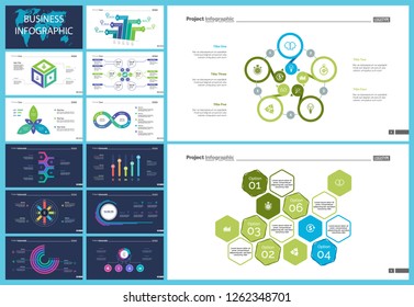 Inforgraphic slide templates for business presentation can be used for annual report, web design, workflow layout. Global business concept. Process, option charts, flowchart, bar graph, donut chart