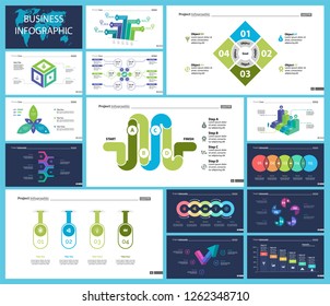 Inforgraphic slide templates for business presentation can be used for annual report, web design, workflow layout. Global business concept. Process, option charts, flowchart, bar graph, donut chart