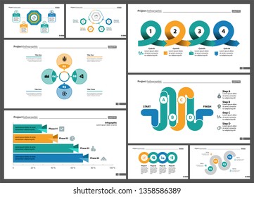 Inforgraphic slide templates for business presentation can be used for annual report, web design, workflow layout. Global business concept. Process, option charts, flowchart, bar graph, donut chart