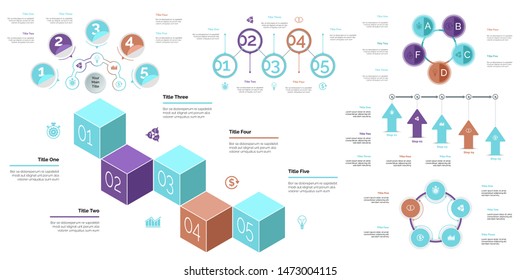 Inforgraphic slide templates for business presentation can be used for annual report, web design, workflow layout. Global business concept. Process, option charts, flowchart, bar graph, donut chart