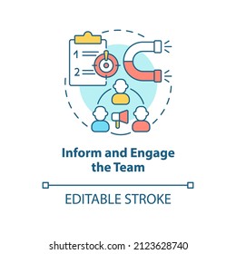 Informa y participa en un icono de concepto de equipo. Infraestructura de comunicación. Mover a la ilustración de línea delgada de idea abstracta de UCaaS. Dibujo de contorno aislado. Trazo editable. Fuentes Arial, Myriad Pro-Bold utilizadas